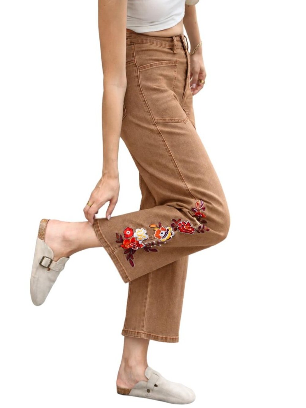 Women's Floral Embroidered Baggy Barrel Jeans Wide Leg Denim Pants